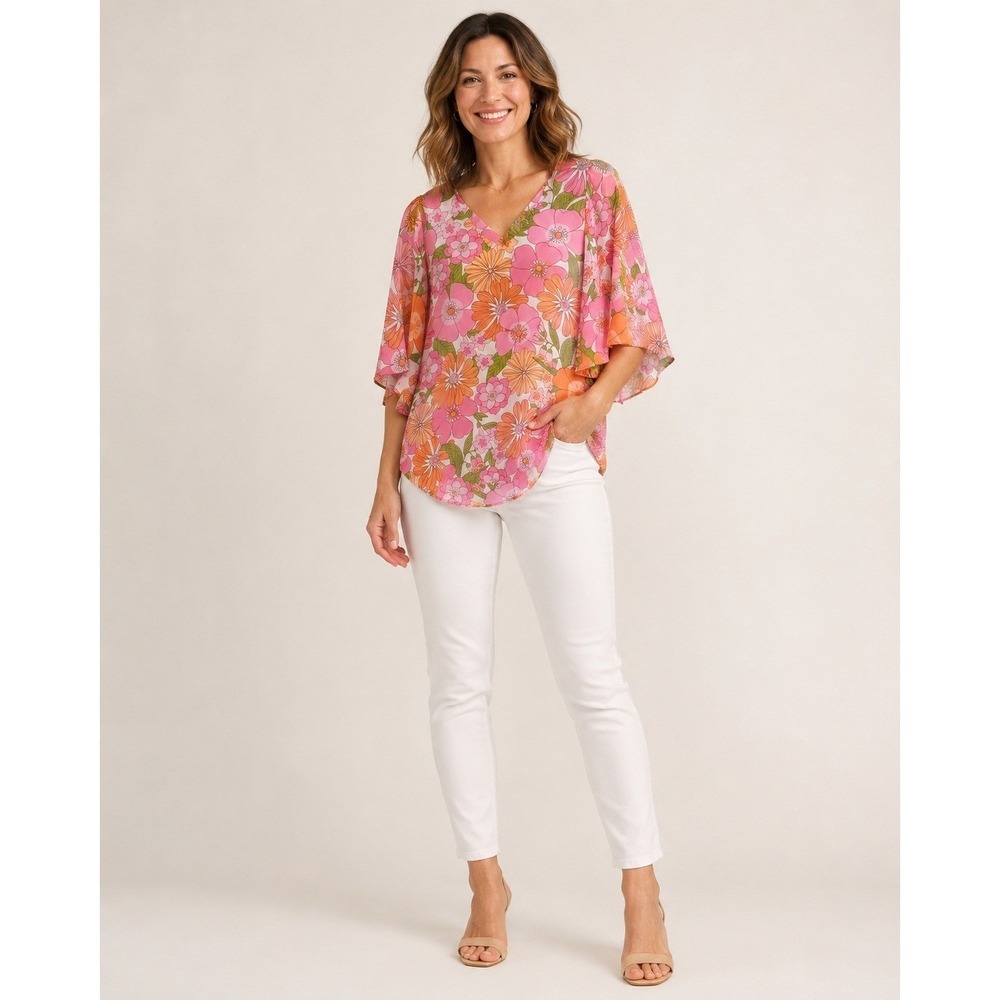 Andree‎ by Unit Blouse Womens Small Pink Floral Retro 70s Print Polyester